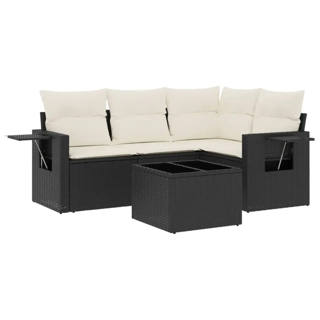 5 Piece Modular Outdoor Sofa Set Black PE Rattan with Cushions and Glass Table
