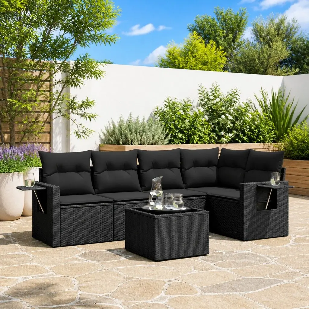 6 Piece Outdoor Furniture Modular Sofa Set Black PE Rattan with Cushions for Patio Seating