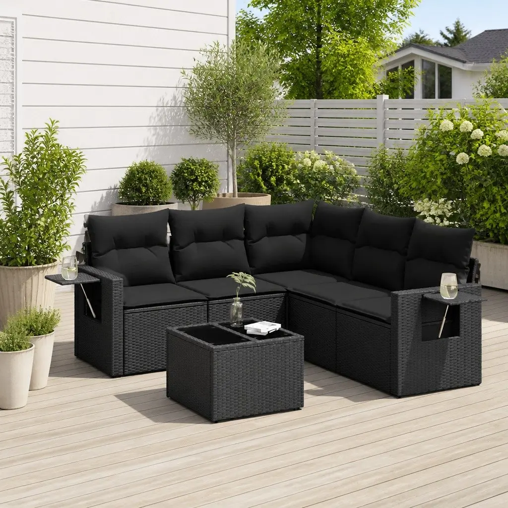 Outdoor Furniture Set 6 Piece Modular Black PE Rattan Sofa with Cushions and Tempered Glass Table