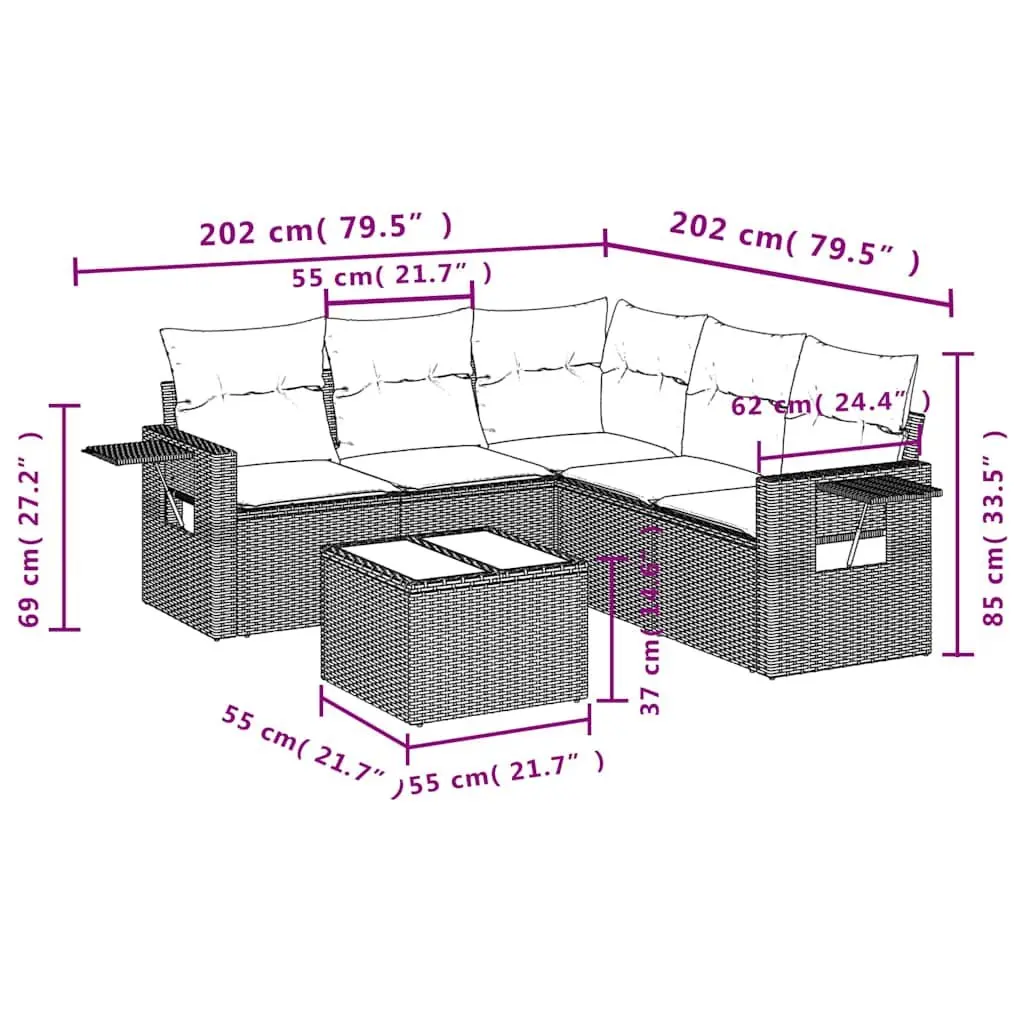 Outdoor Furniture Set 6 Piece Modular Black PE Rattan Sofa with Cushions and Tempered Glass Table