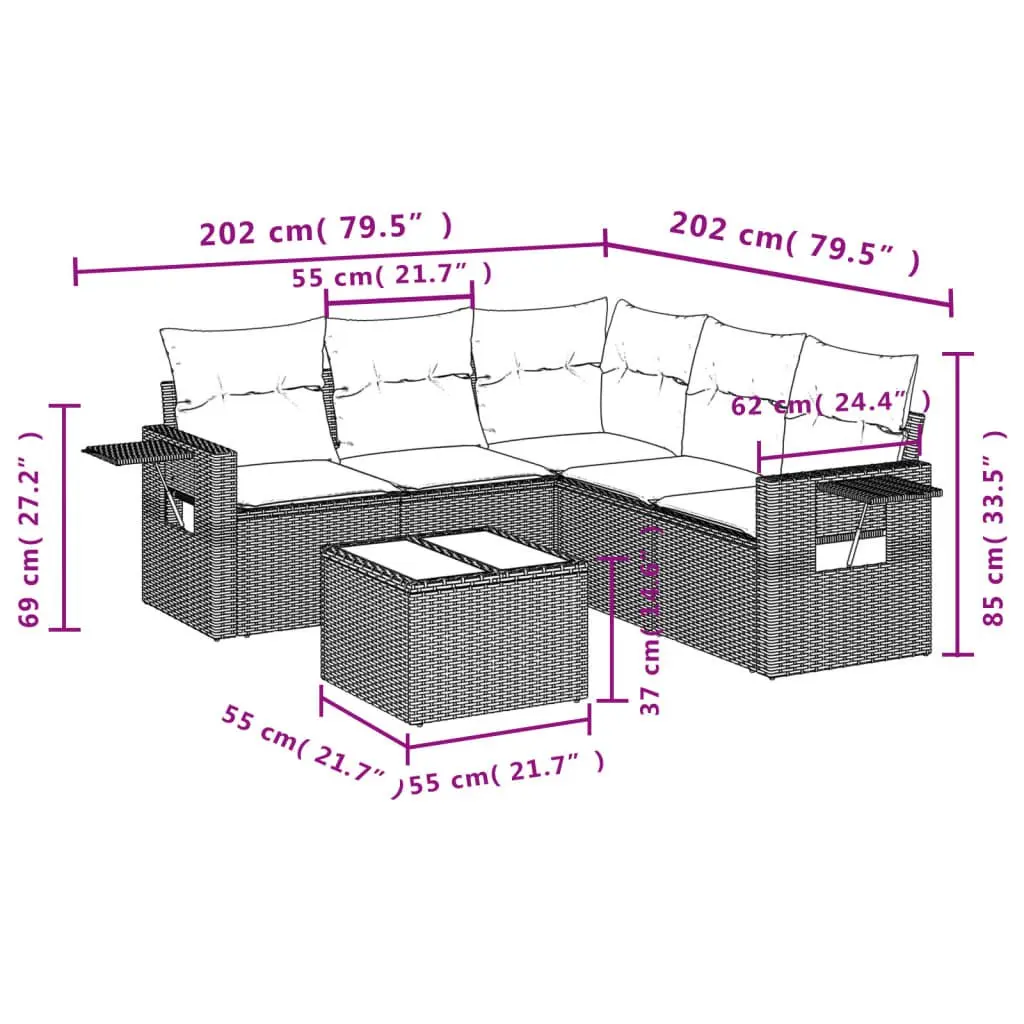 Outdoor Furniture Set 6 Piece Modular Black Rattan with Cushions