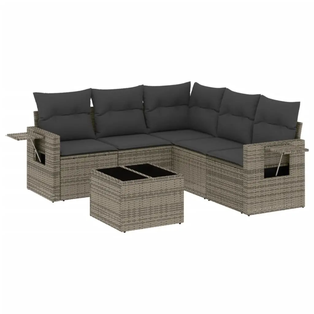 Outdoor Furniture Set Modular Grey Poly Rattan 6 Piece with Cushions and Tempered Glass Tabletop