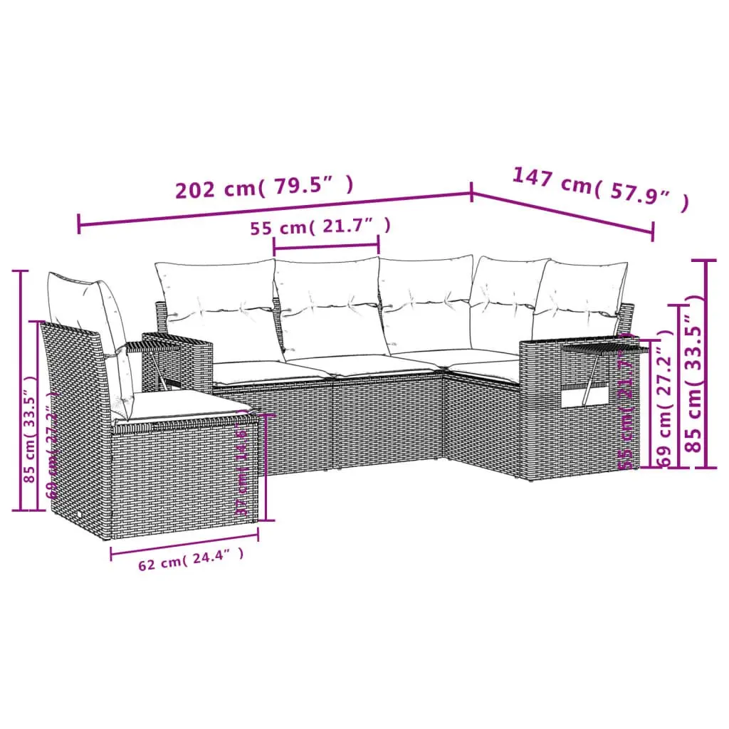 Outdoor Garden Sofa Set PE Rattan 5 Piece Black with Cushions