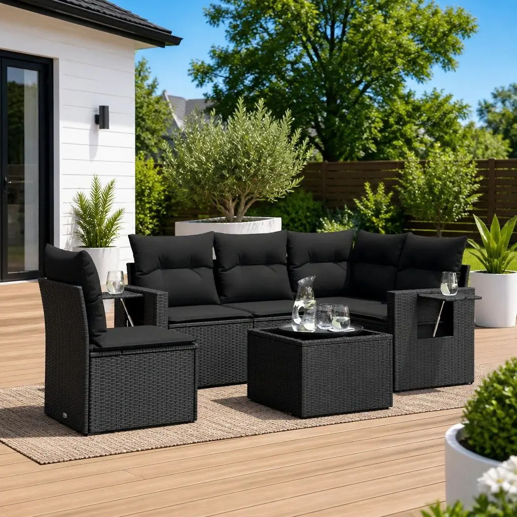 Modular Outdoor Furniture Set 6 Piece Black PE Rattan with Cushions and Tempered Glass Table for Patio and Garden