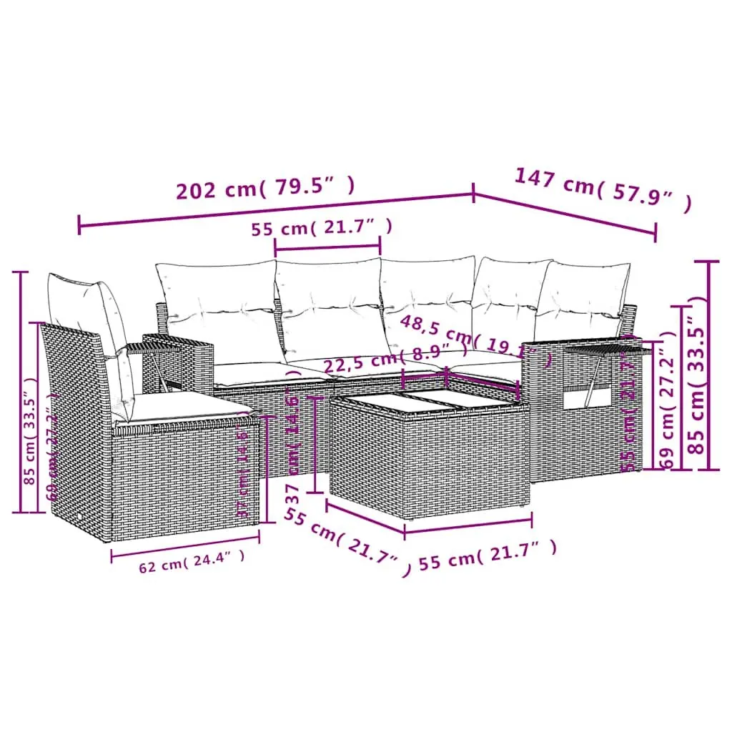 Modular Outdoor Furniture Set 6 Piece Black PE Rattan with Cushions and Tempered Glass Table for Patio and Garden