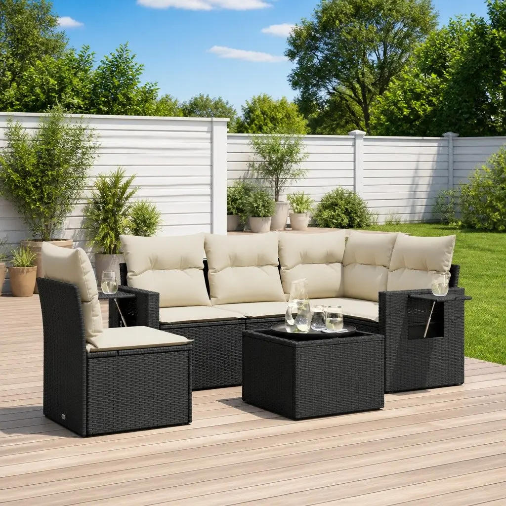 Garden Sofa Set Modular PE Rattan 6 Piece Outdoor Furniture Black Patio Lounge