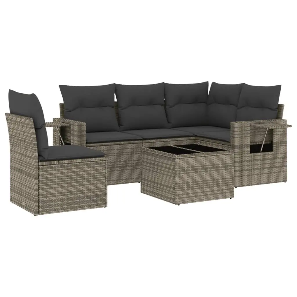 Garden Sofa Set 6 Piece PE Rattan Outdoor Furniture Grey with Cushions and Tempered Glass
