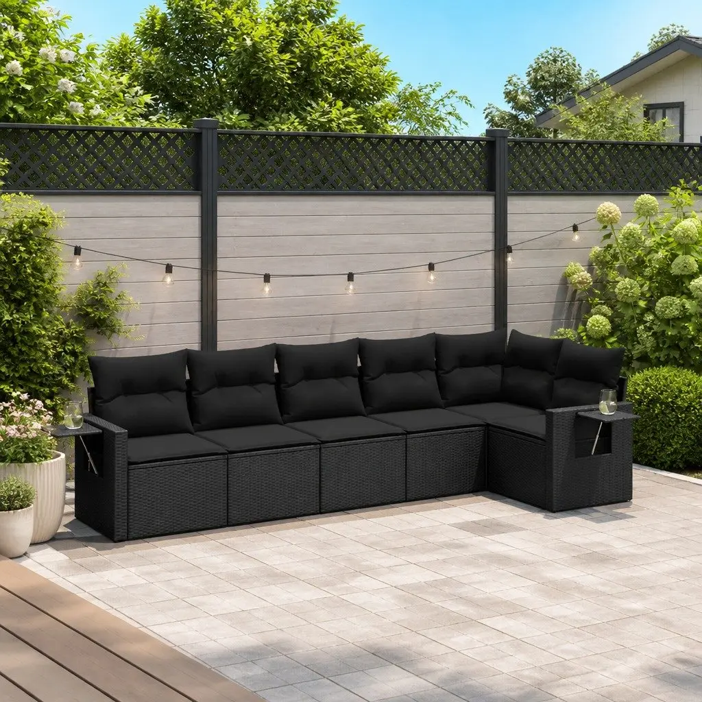 6 Piece Garden Sofa Set PE Rattan Black with Cushions Outdoor Furniture