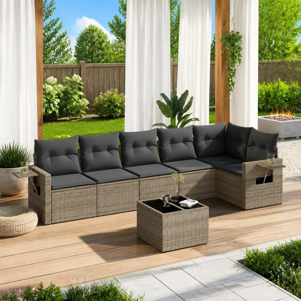 7 Piece Outdoor Garden Sofa Set Grey PE Rattan with Cushions