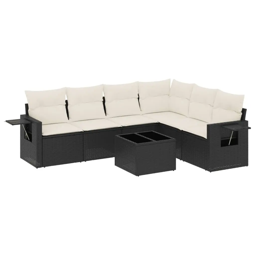7 Piece Modular Sofa Set Black PE Rattan with Cushions Tempered Glass Top for Outdoor Patio Garden Furniture