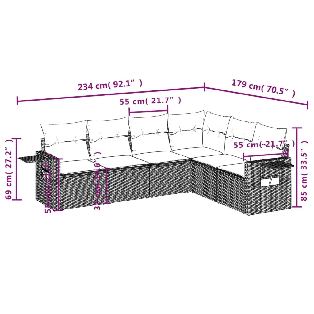7 Piece Modular Sofa Set Black PE Rattan with Cushions Tempered Glass Top for Outdoor Patio Garden Furniture
