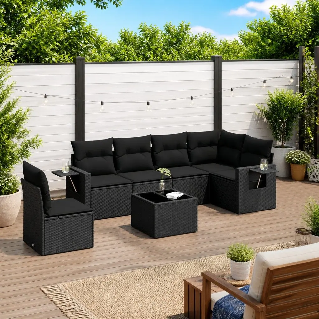 7 Piece Outdoor Furniture Garden Sofa Set PE Rattan Black with Cushions