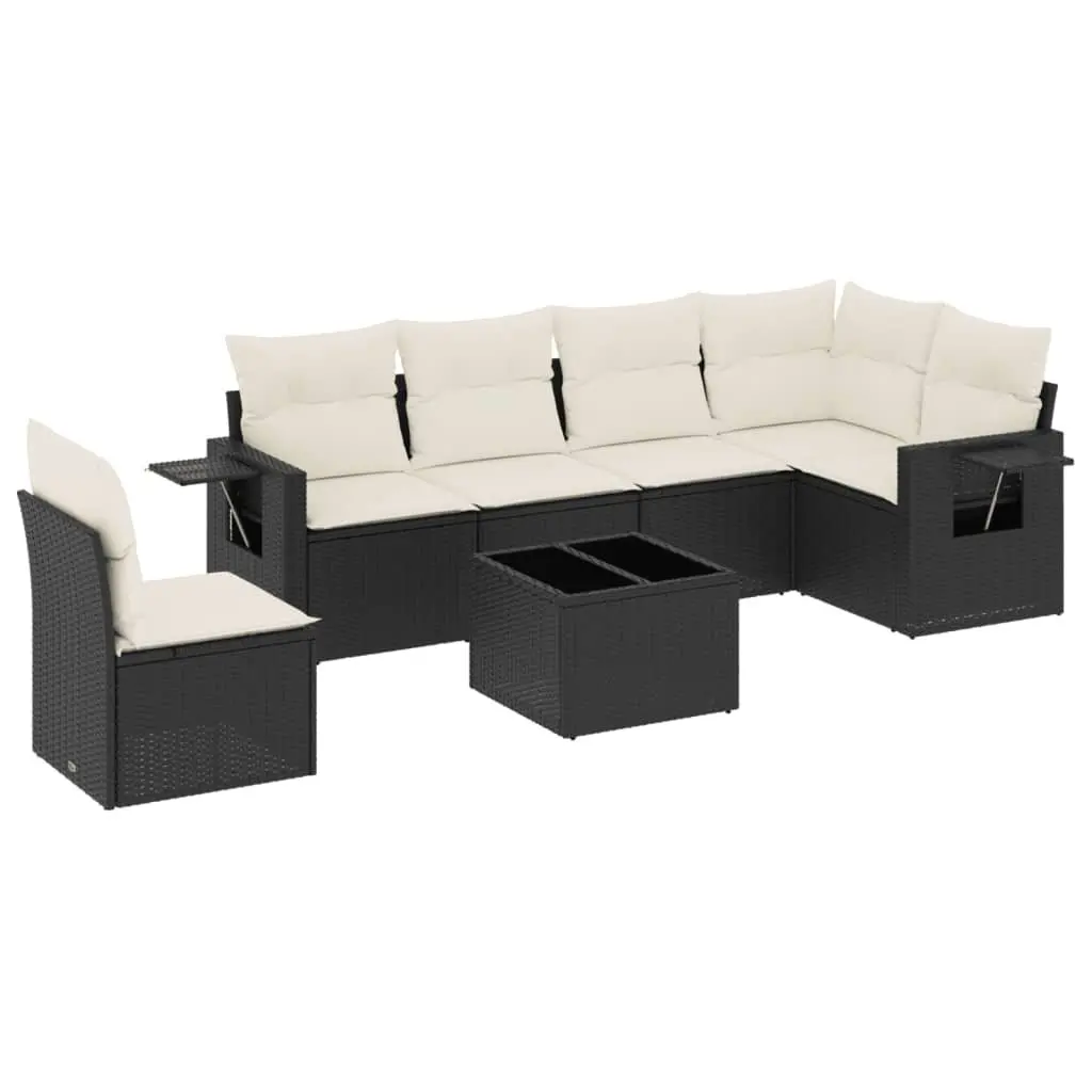Garden Sofa Set PE Rattan 7 Piece Outdoor Furniture Black with Cushions and Tempered Glass Table
