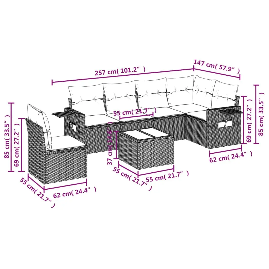 Garden Sofa Set PE Rattan 7 Piece Outdoor Furniture Black with Cushions and Tempered Glass Table
