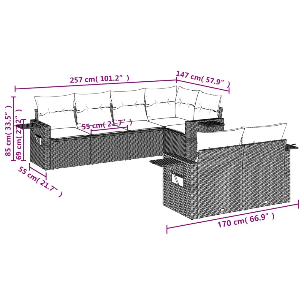 7 Piece Outdoor Garden Sofa Set PE Rattan Modular Black with Cushions