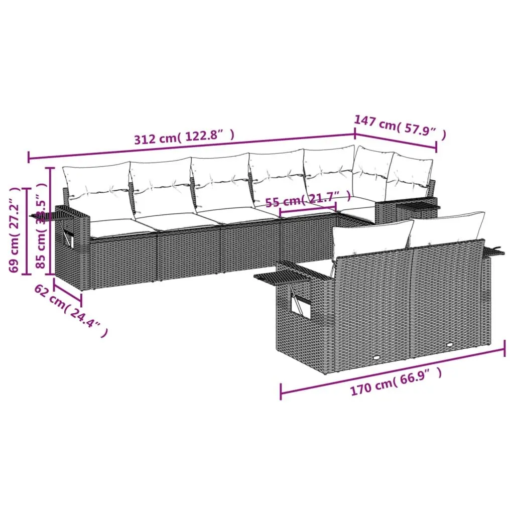 Outdoor Garden Sofa Set PE Rattan 8 Piece Black Patio Furniture with Cushions