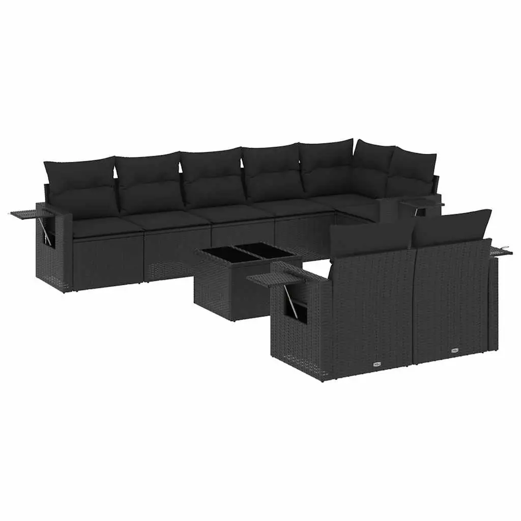 9 Piece Outdoor Garden Sofa Set Black Poly Rattan Patio Furniture with Cushions