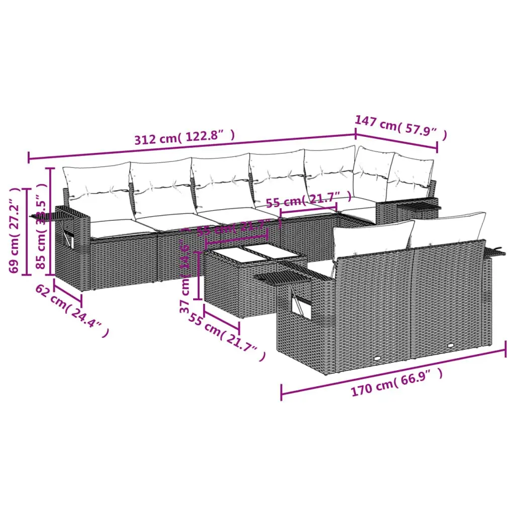 Garden Sofa Set 9 Piece Outdoor Patio Furniture with Cushions Black Rattan