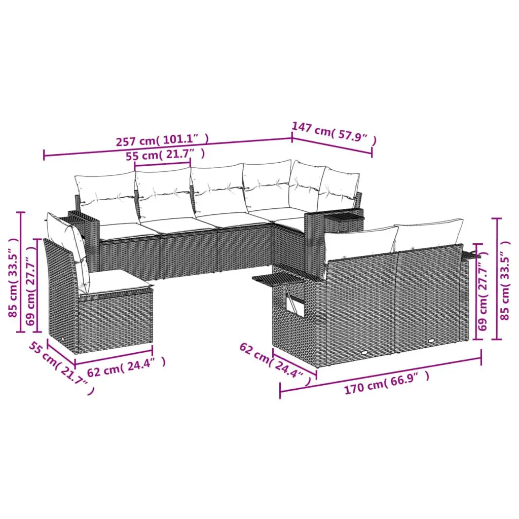 Garden Sofa Set 8 Piece Outdoor Furniture Patio Grey Poly Rattan with Cushions
