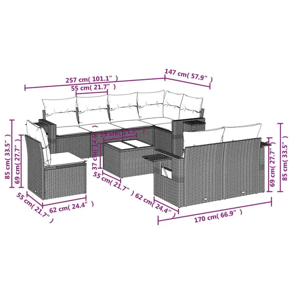 9 Piece Garden Sofa Set Outdoor Patio Furniture Black Poly Rattan with Cushions