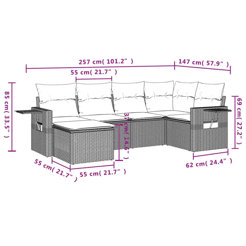 Garden Sofa Set Modular 6 Piece Grey PE Rattan with Cushions