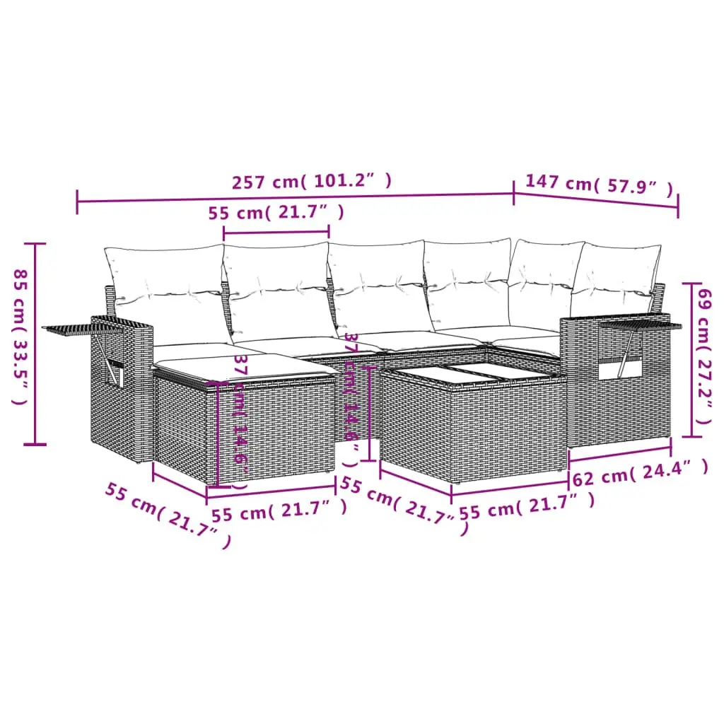 Outdoor Garden Sofa Set PE Rattan 7 Piece Black with Cushions and Tempered Glass Tabletop