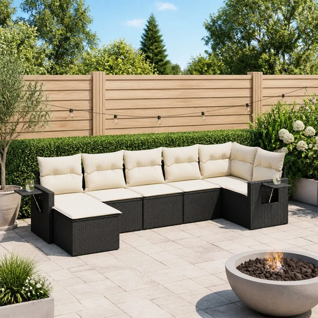 7 Piece Garden Sofa Set PE Rattan Modular Outdoor Furniture Black with Cushions