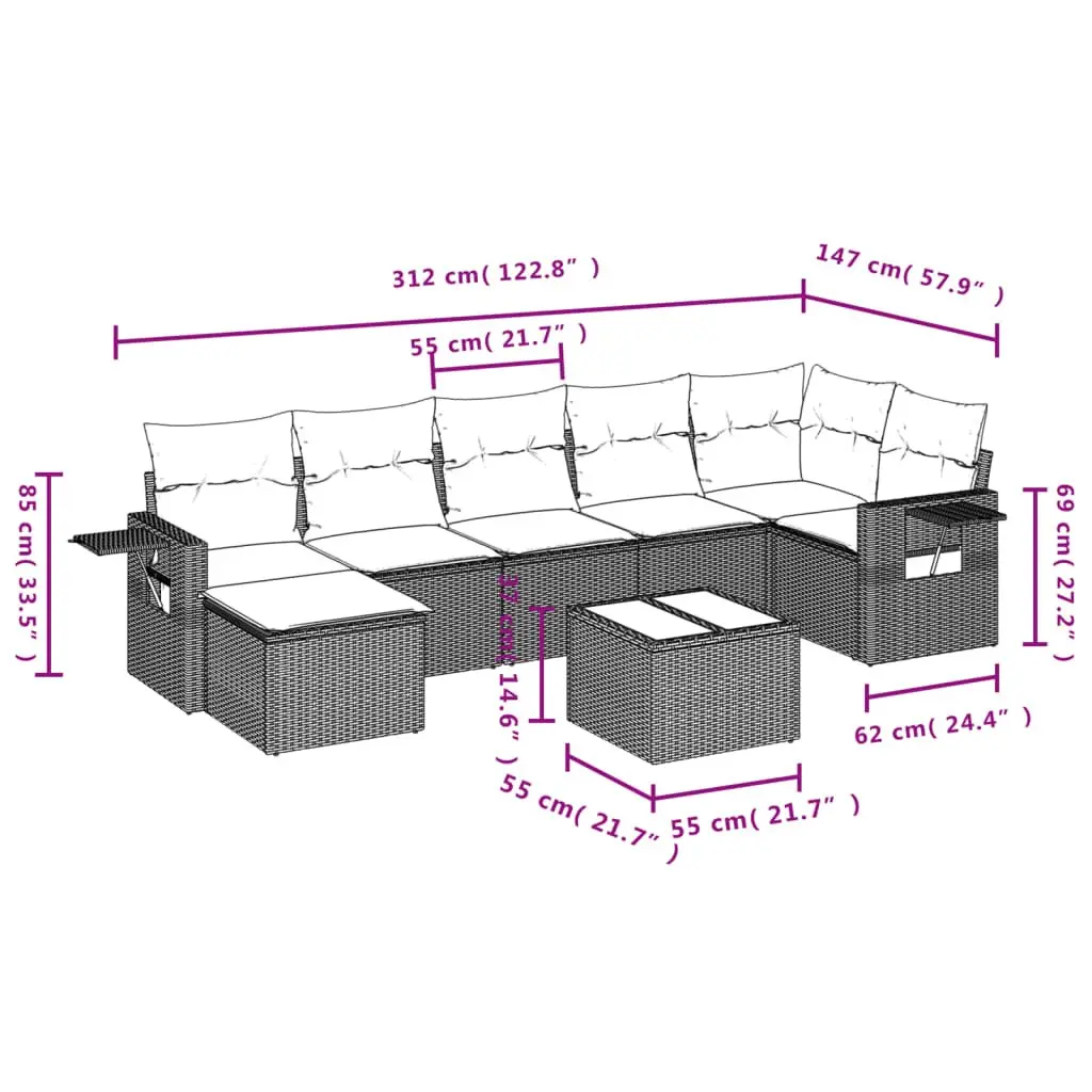 8 Piece Garden Sofa Set Grey PE Rattan Outdoor Furniture with Cushions