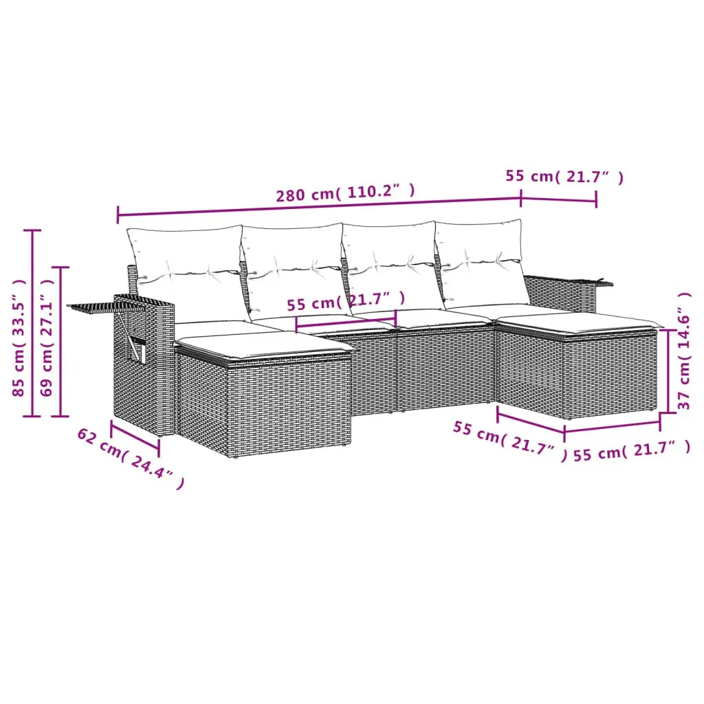 Grey Poly Rattan Outdoor Furniture 6 Piece Modular Garden Sofa Set with Cushions for Patio Seating