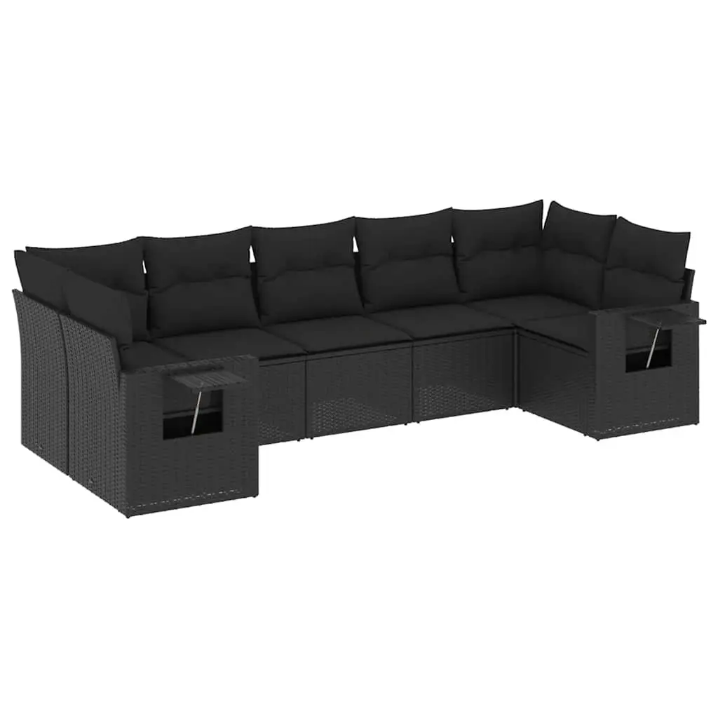 7 Piece Outdoor Garden Sofa Set Black Poly Rattan Patio Furniture with Cushions