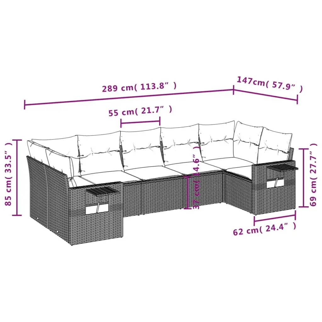 Outdoor Garden Sofa Set 7 Piece Black Poly Rattan Patio Furniture with Cushions