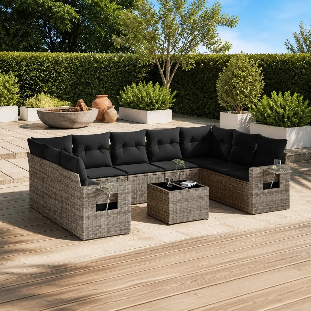 Outdoor Furniture Set 10 Piece Modular Grey PE Rattan with Cushions and Tempered Glass Tabletop