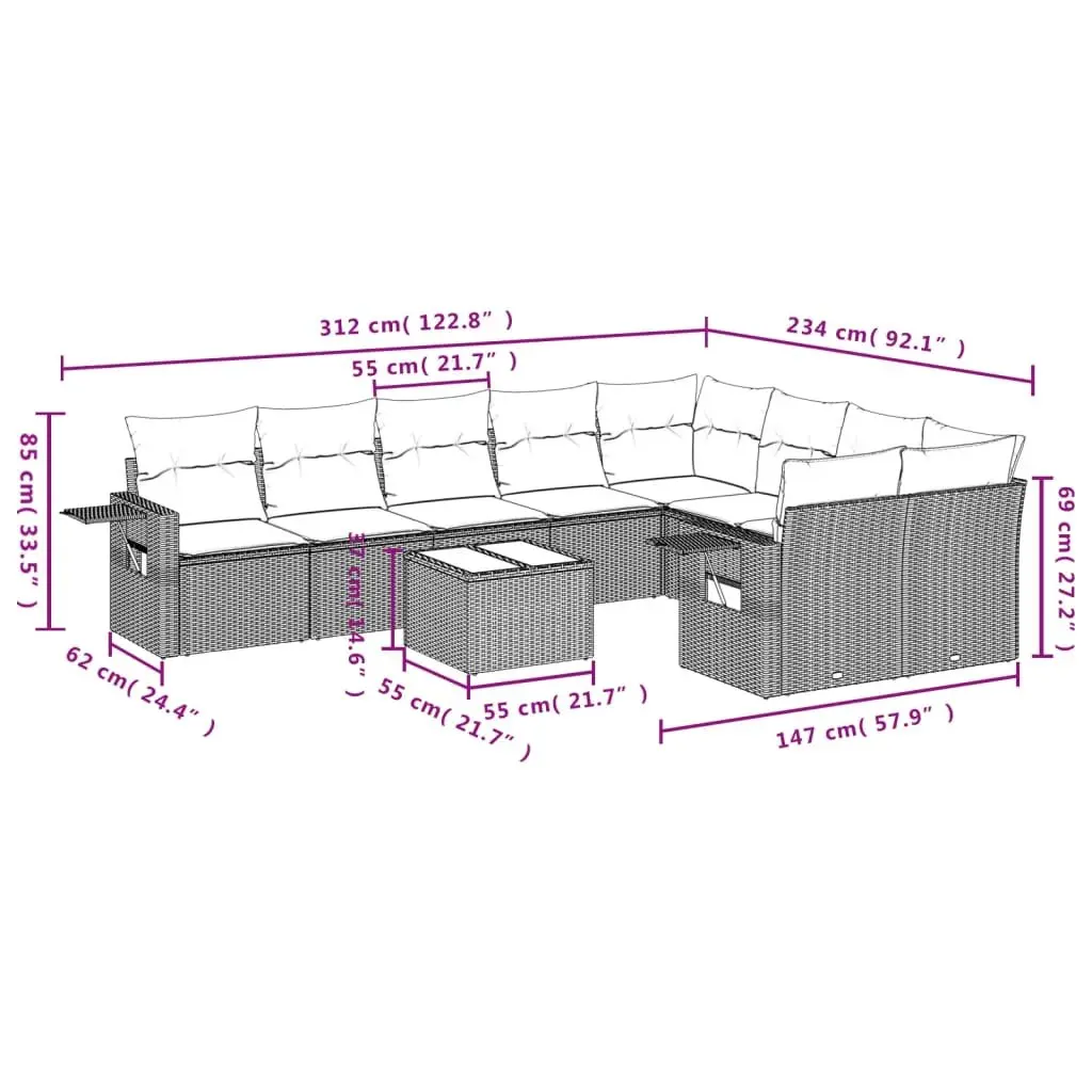 Garden Sofa Set PE Rattan 10 Piece Outdoor Furniture Patio Sectional with Cushions Black