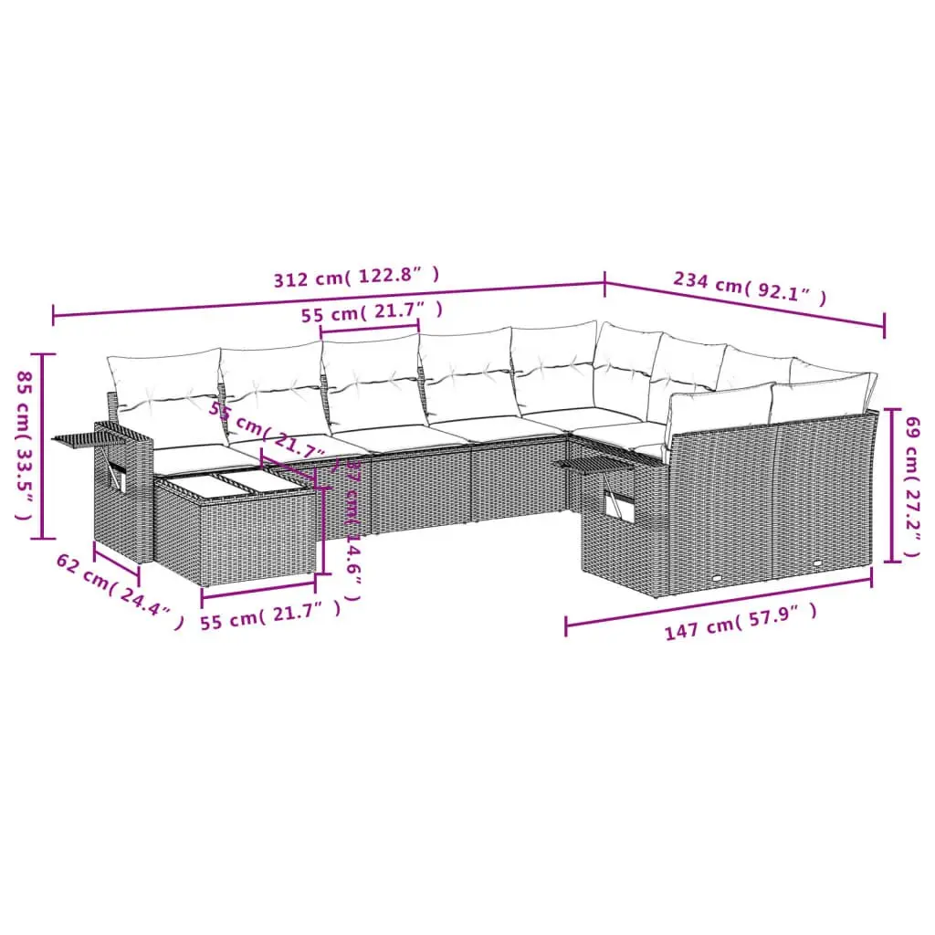 Garden Sofa Set PE Rattan 10 Piece Modular Outdoor Furniture Grey Patio Lounge