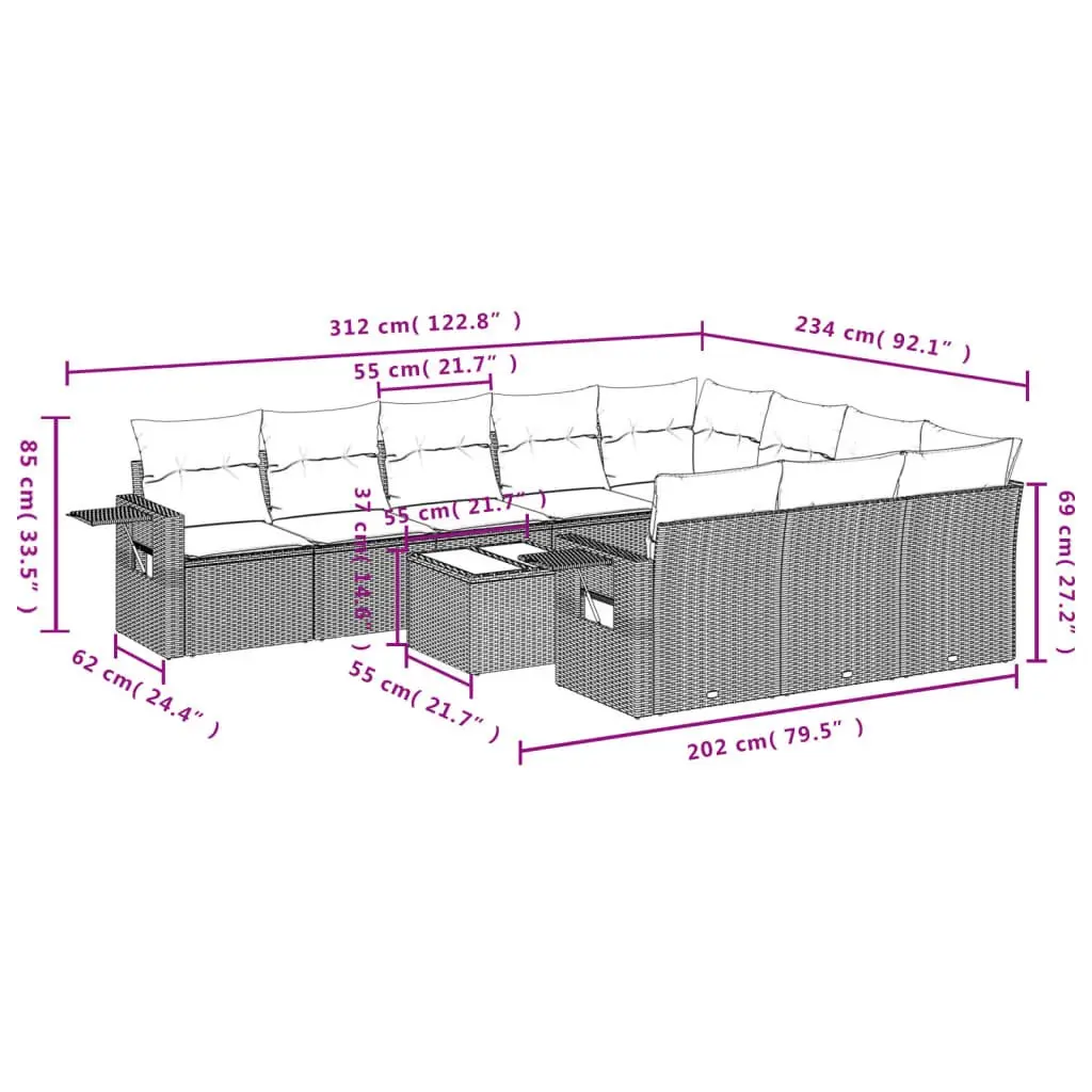 11 Piece Modular Garden Sofa Set Black PE Rattan Outdoor Patio Furniture with Tempered Glass Table and Thick Cushions