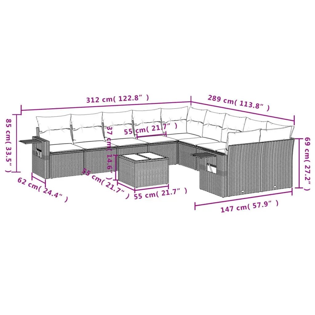 11 Piece Modular Outdoor Sofa Set Grey Rattan with Cushions and Tempered Glass Table for Patio and Garden