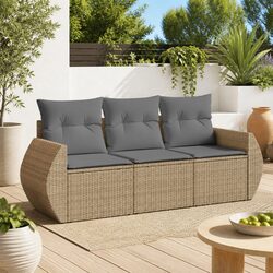 3 Piece Garden Sofa Set with Cushions Beige Outdoor Patio Furniture Poly Rattan