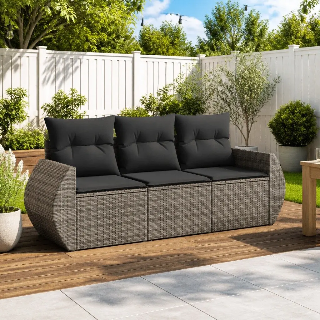3 Piece Outdoor Garden Sofa Set PE Rattan Modular Grey with Cushions