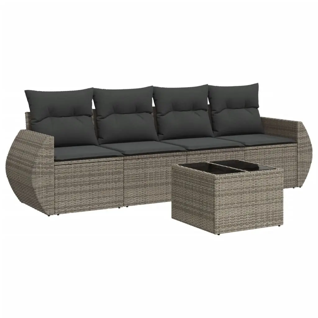 5 Piece Modular Garden Sofa Set Outdoor Furniture Grey PE Rattan with Cushions and Tempered Glass Table
