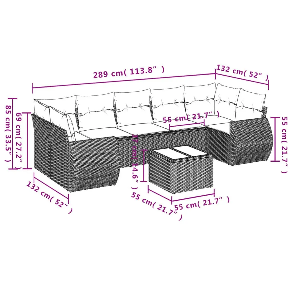 Outdoor Furniture Set Modular Grey PE Rattan 8 Piece with Cushions and Tempered Glass Tabletop