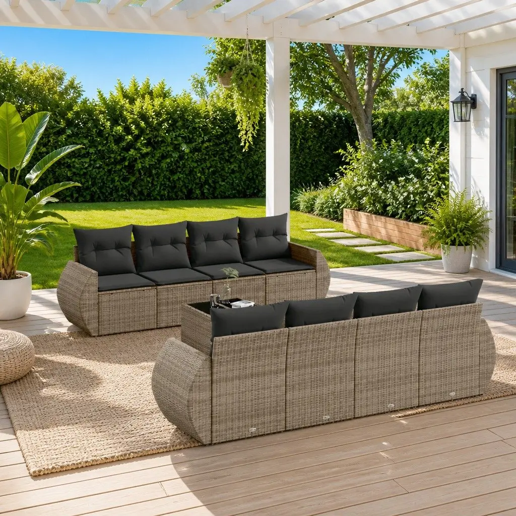 Garden Sofa Set 9 Piece Modular Outdoor Furniture PE Rattan Grey with Tempered Glass Table and Cushions