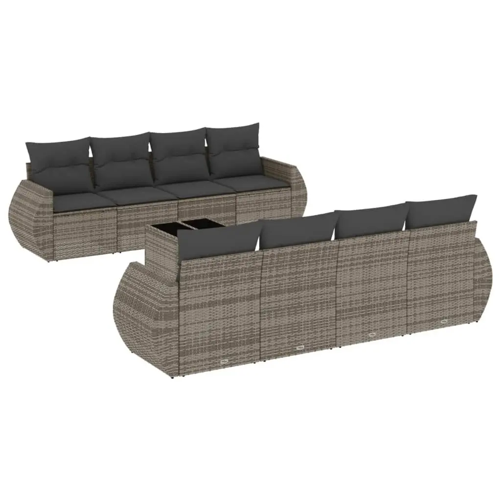 Garden Sofa Set 9 Piece Modular Outdoor Furniture PE Rattan Grey with Tempered Glass Table and Cushions