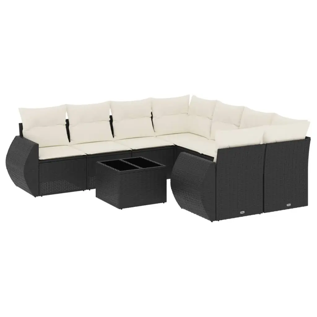 9PieceOutdoorPatioLoungeSetModularDesignBlackPERattanCushionsWithTemperedGlassTable