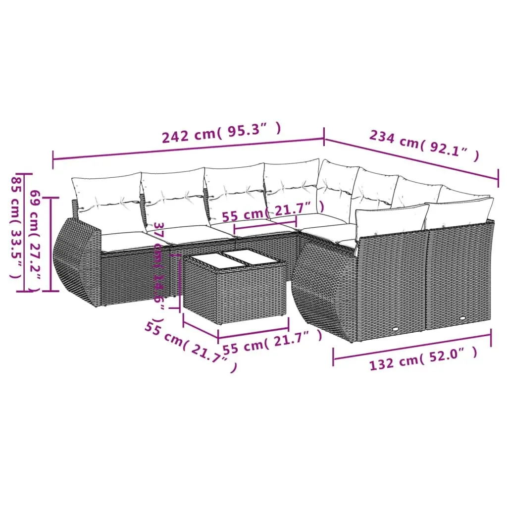 9PieceOutdoorPatioLoungeSetModularDesignBlackPERattanCushionsWithTemperedGlassTable