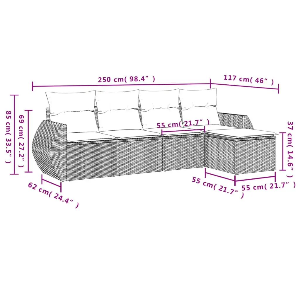 5 Piece Outdoor Modular Sofa Set Patio Furniture with Cushions Weather Resistant Black Rattan