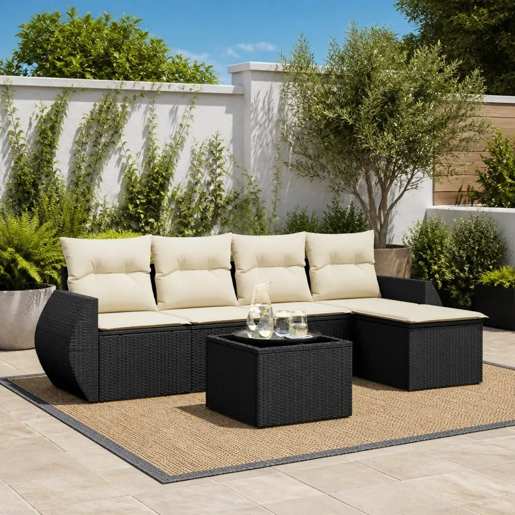 Garden Sofa Set 6 Piece Outdoor Furniture Black Poly Rattan Patio Lounge with