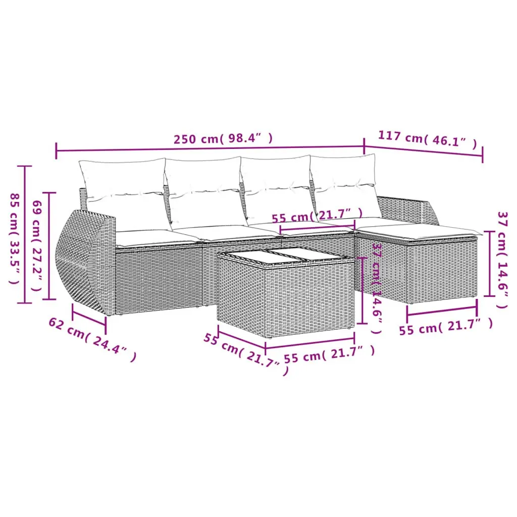 Garden Sofa Set 6 Piece Outdoor Furniture Black Poly Rattan Patio Lounge with
