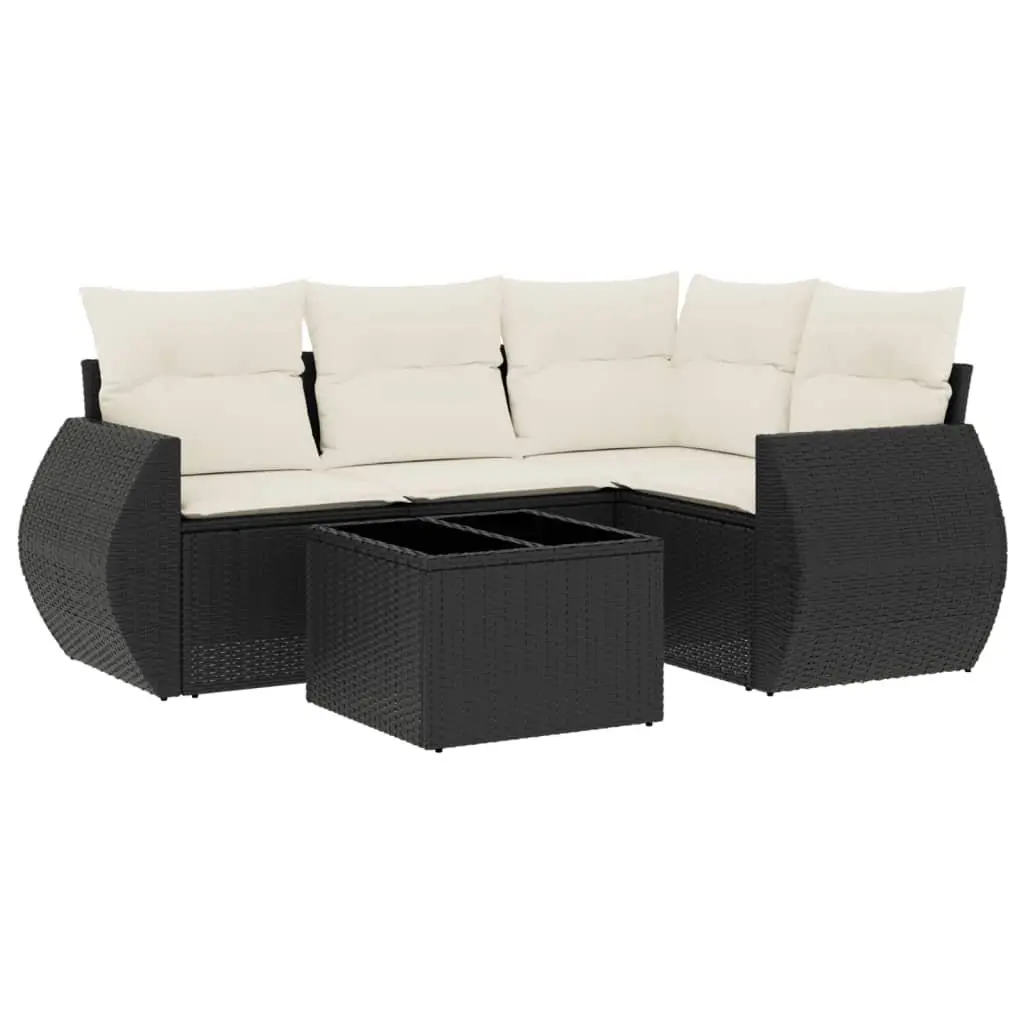 Garden Sofa Set 5 Piece Outdoor Furniture PE Rattan Black with Tempered Glass Tabletop and Cushions