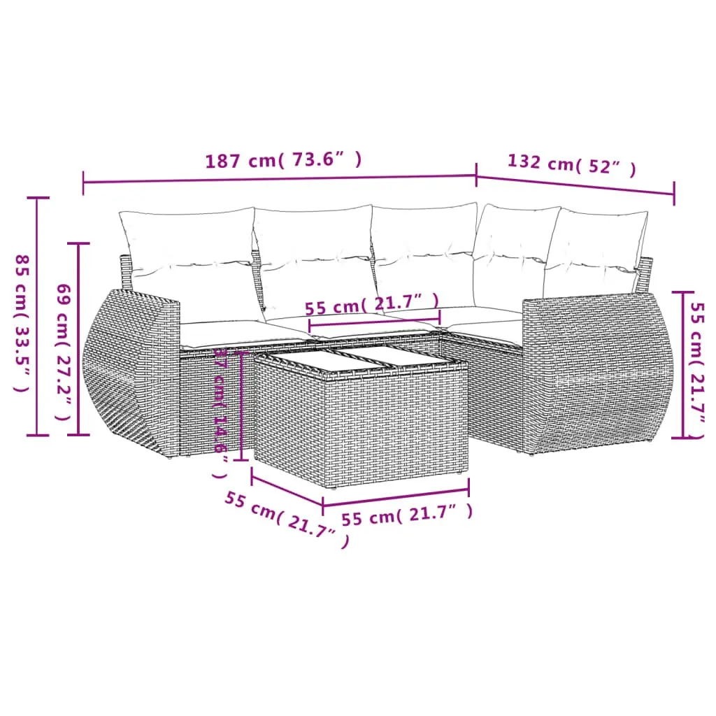 Garden Sofa Set 5 Piece Outdoor Furniture PE Rattan Black with Tempered Glass Tabletop and Cushions
