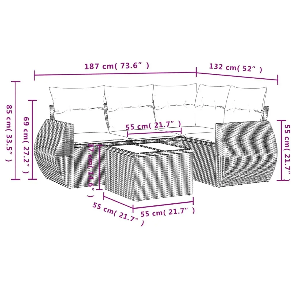 5 Piece Modular Garden Furniture Set Grey PE Rattan Outdoor Sofa with Cushions